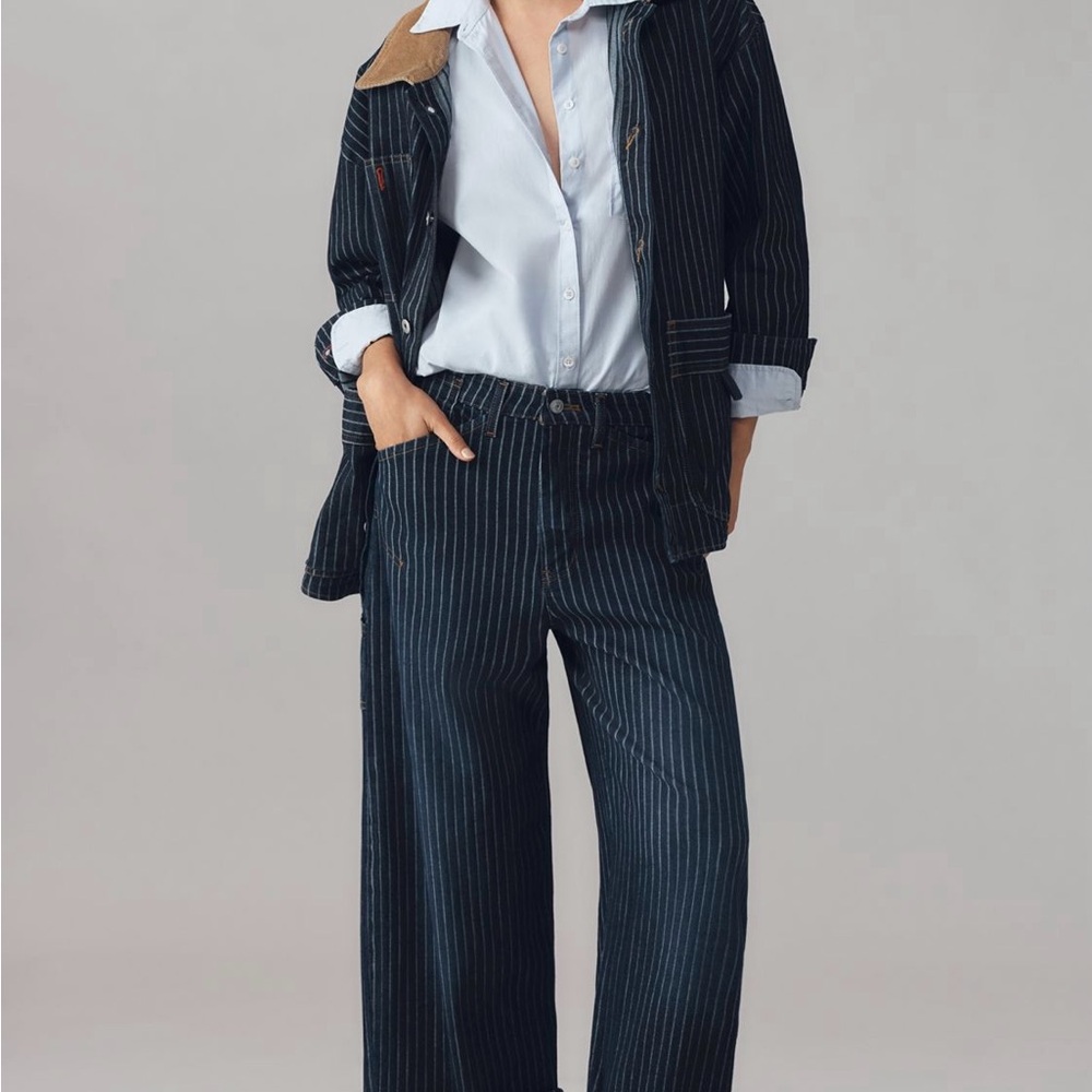 Pilcro Black Pinstripe Jean Jacket with Tan Corduroy Collar - Picture 3 of 7